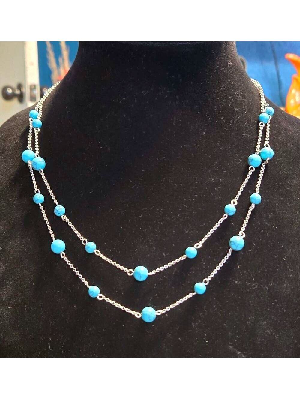 Chaps Turquoise Dyed Howlite Beads Station Double Layer Necklace